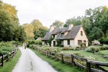 Fototapeta premium Married couple hugging in front of idyllic country house with wooden fence and garden