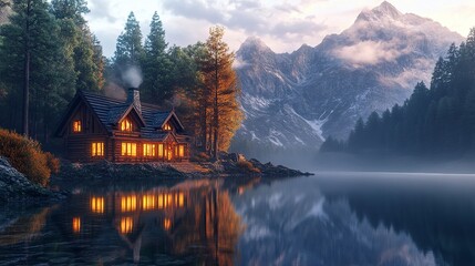 Obraz premium A picturesque wooden house in the forest, warmly lit and reflected in a glassy lake, mist-covered mountains creating a dreamlike backdrop at dusk. 
