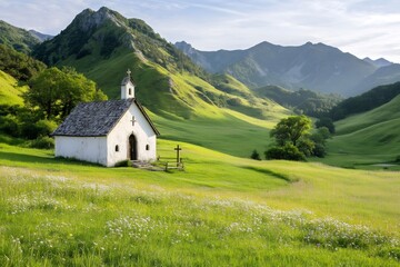 Obraz premium Small white church standing in a green valley surrounded by mountains