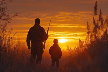 Father and son hunt at sunrise, standing in golden grass field. Represents tradition, bonding, mentorship, and outdoor activities.