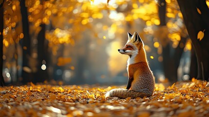A red fox sits gracefully amidst autumn leaves in sunlight