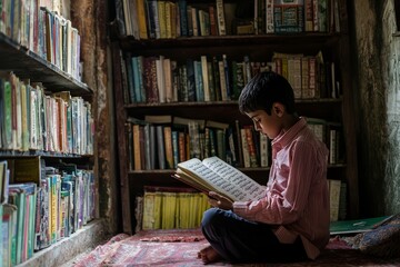 A boy in a small study room reads the Quran aloud, his voice echoing softly. A bookshelf filled with Islamic books stands behind him