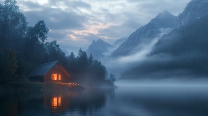 A serene scene of a glowing wooden cabin by a still lake, fog rolling over distant mountains, the warm light contrasting beautifully with the dusky ambiance.  