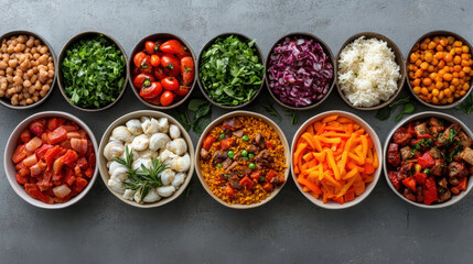 Colorful ingredients arranged bowls, showcasing variety of fresh vegetables, grains, and legumes