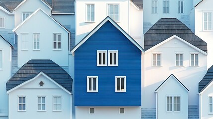 A single blue house surrounded by uniform white houses, vivid contrast creating a bold statement for the property industry 