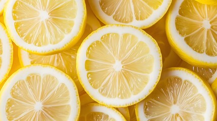 Sliced lemons in a bright textured background  long title An array of freshly sliced yellow lemons with their juicy flesh and vibrant zest arranged