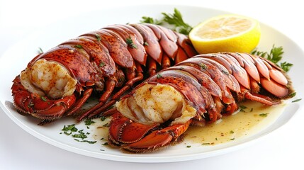 Two cooked lobster tails sit on a white plate with lemon. Showcase fine dining or seafood with this beautiful lobster image.