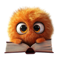 A Fluffy 3D Cartoon Owl Reading a Book Isolated on Transparent Background