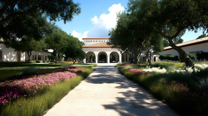Obraz premium Tranquil courtyard with pathway, lush landscaping, and a beautiful building