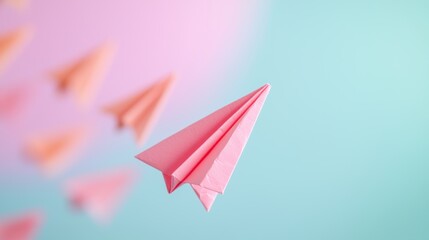 Fototapeta premium Teamwork Paper Airplane in Formation Paper airplanes flying towards a target, representing shared vision and purpose