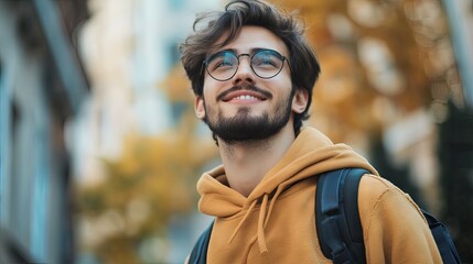 Smiling Young Man in City, Autumn Day