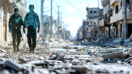 Obraz premium Two soldiers walk through a war-torn city street, their figures overlaid with digital data, symbolizing the integration of technology in modern warfare and its impact on conflict zones