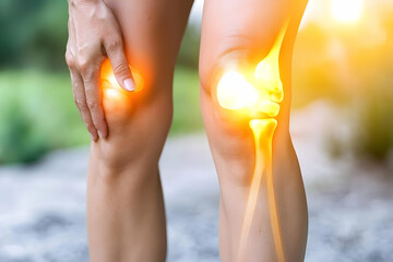 Woman experiencing knee pain, highlighted by a glowing overlay showing the skeletal structure of the knee joint.  The image emphasizes the location and intensity of the discomfort