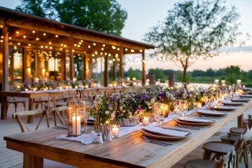 Obraz premium Outdoor wedding reception venue with long wooden tables, string lights and floral arrangements glowing at sunset