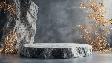 Fototapeta premium Stone podium is decorated with golden leaves and a large rock. Perfect for product presentations and elegant artistic advertisements.