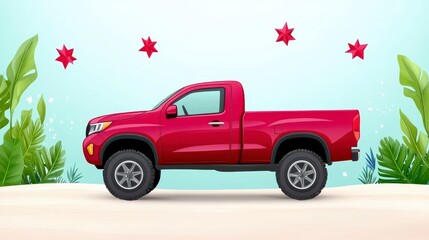 Red Pickup Truck on Sandy Beach Summer Illustration