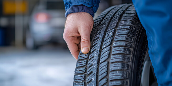 A mechanic inspects a tire's tread depth, ensuring safety and performance. Regular tire checks are essential for vehicle maintenance and optimal driving conditions.
