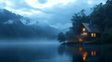 Fototapeta premium An enchanting wooden house glowing warmly on the lake's edge, the still water reflecting its light, with foggy mountains in the distance under a twilight sky 
