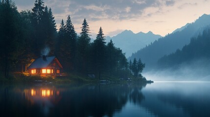 Obraz premium An illuminated forest cabin casting golden light onto a glassy lake, mist shrouding the distant mountains, creating a peaceful twilight scene. 