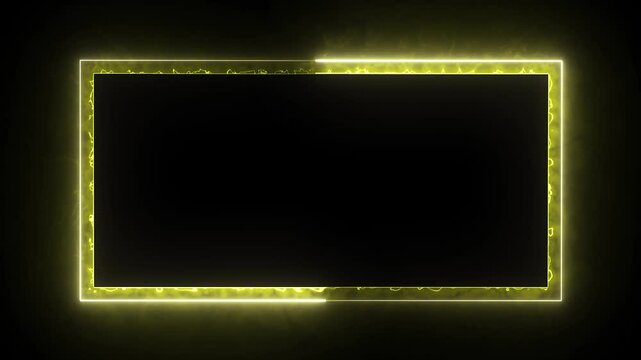 Yellow glowing neon rectangle frame loop. Abstract neon border frame for intro, backdrop.