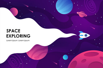 horizontal space background with abstract shape and planets. Web design. space exploring.  vector illustration