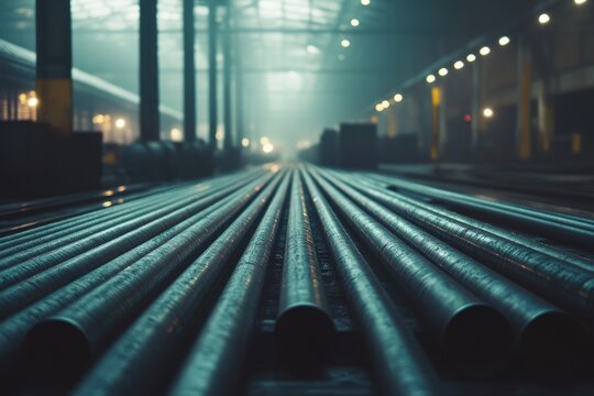 Steel pipes are lined up in factory with lights and pillars background. It can illustrate industry, metal, construction, and manufacturing concept.