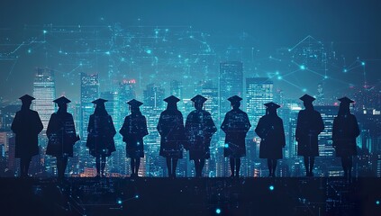 Diverse students and staff in graduation gowns silhouetted against city skyscrapers, digitally connected to virtual knowledge fields,