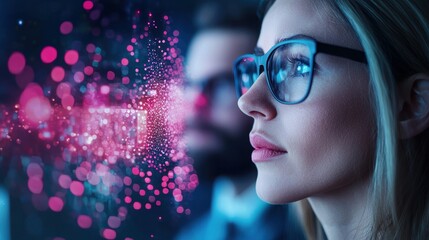 Data Analysis and Analytics Business team analyzing financial data on a large screen, modern office setting with natural light, reflects collaborative data analysis