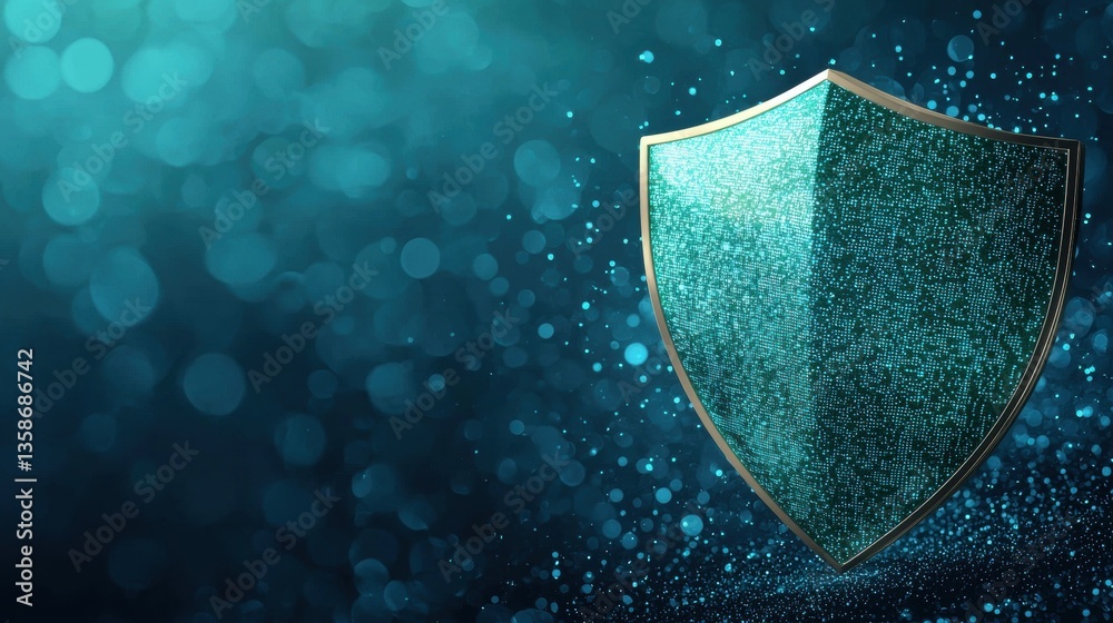 Poster security firewall and shield icon shield icon protecting a network of connected devices, futuristic 