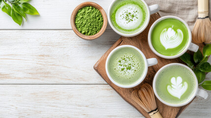 vibrant overhead shot of multiple matcha lattes arranged beautifully wooden tray, showcasing
