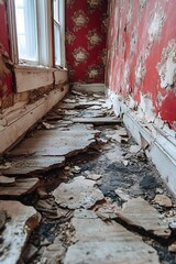 Decaying room displays destroyed flooring and distressed wallpaper with window light
