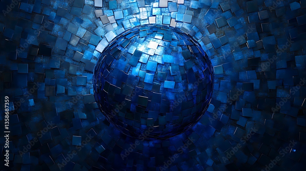 Poster abstract blue sphere composed of numerous small squares on a dark blue background