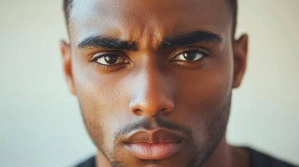 Obraz premium Close up headshot of a handsome dark-skinned man with a serious expression. Use this for representing intense emotions, focus, or inner thoughts.