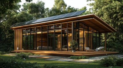 Fototapeta premium Modern wooden house with solar panels on the flat roof, large glass windows, and a landscaped yard, 3D render emphasizing sustainable design. 