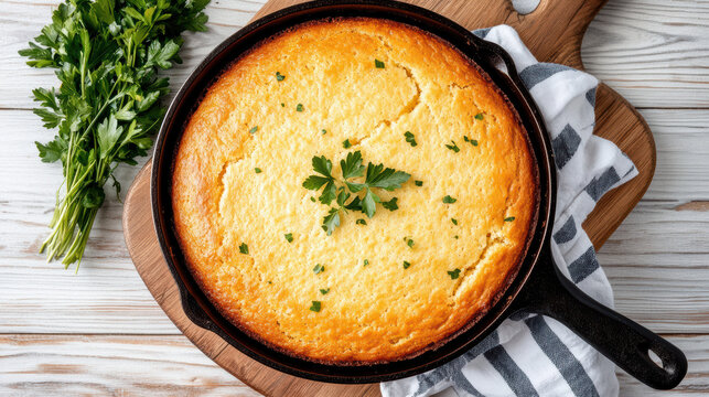 Warm homemade cornbread baked in cast iron skillet, garnished with fresh herbs