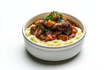 Savory Beef Stew with Tender Meat and Creamy Mashed Potatoes Garnished with Fresh Herbs