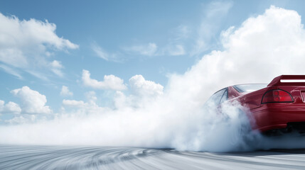 Speed and Smoke: A vibrant red sports car drifts, leaving a trail of smoke against a backdrop of a brilliant blue sky filled with puffy white clouds.