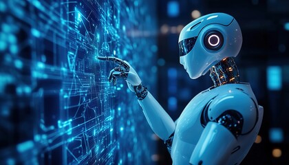 AI Robot Interacting with a Digital Hologram – A Futuristic Representation of Machine Learning, Big Data, and Artificial Intelligence Technology