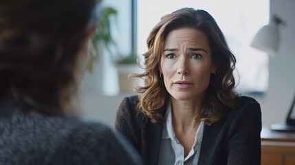 Obraz premium A professional therapist engages with a client, exploring trauma through empathetic dialogue and expressive body language in a contemporary, well-lit office.