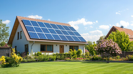 Fototapeta premium Solar-Powered Home: A charming home featuring solar panels on its roof, surrounded by a lush garden, showcasing sustainable living and eco-friendly energy