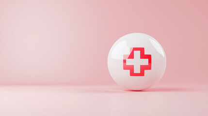 Obraz premium Healthcare Symbol: a minimalistic studio shot captures a sphere with a red cross, a universal symbol of medical care, set against a soft-toned backdrop. This image speaks volumes.