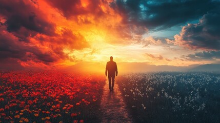 Obraz premium A lone man walks a path between fields under a dramatic, colorful sky. It illustrates choices, journey, or overcoming challenges with hope.