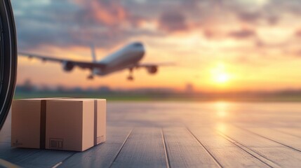 logistic Air Freight Close up of a cargo plane door opening, revealing packages and boxes inside, focus on air cargo transportation