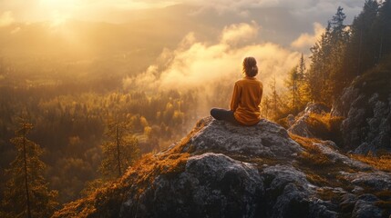 Silhouette of a woman meditating on a mountain peak during sunrise