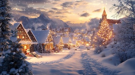 Fototapeta premium A festive gingerbread town snow-covered rooftops glowing warmly soft lights creating a magical and cozy holiday setting. 