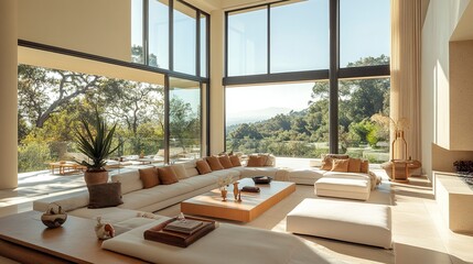 Obraz premium Airy living room with minimalist furniture large windows bright neutral tones soft light and clean aesthetic wide-angle framing. 