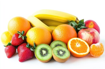 Colorful assortment of fresh fruits.  A vibrant display of oranges, bananas, apples, kiwi, strawberries, and lemons. Perfect for a healthy snack or breakfast