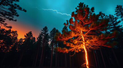 Fototapeta premium Storm with lightning striking pine tree in forest