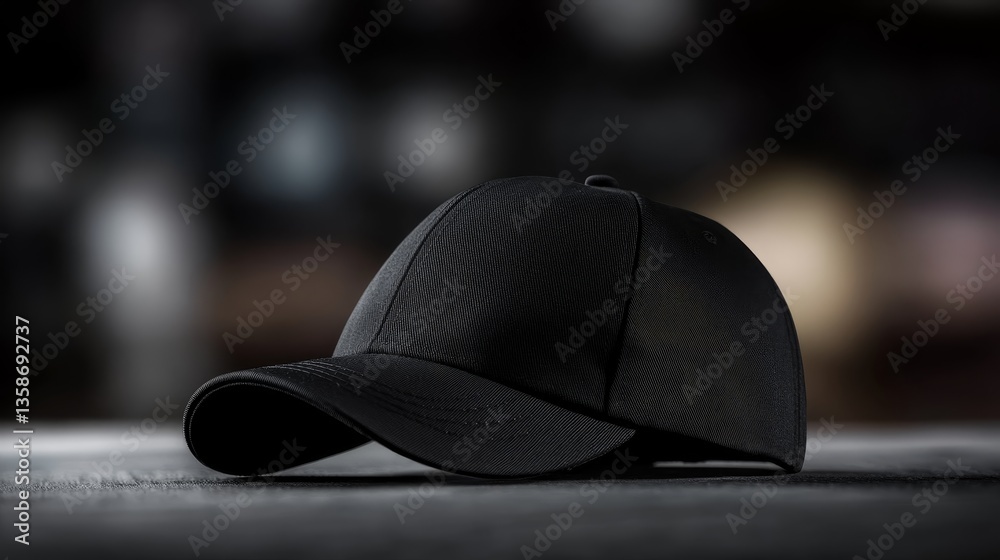 Fototapete simple black baseball cap with deep shadows accentuating its form, positioned against a contrasting 