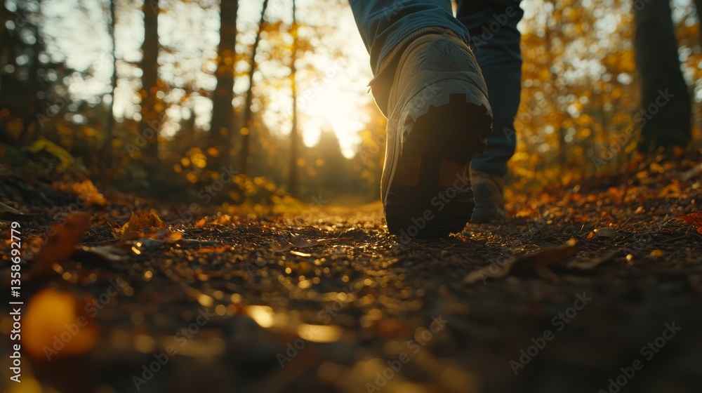 Poster A close-up of a hiking boot making contact with a forest trail as golden sunlight filters through trees, creating a warm, inviting atmosphere in the late afternoon